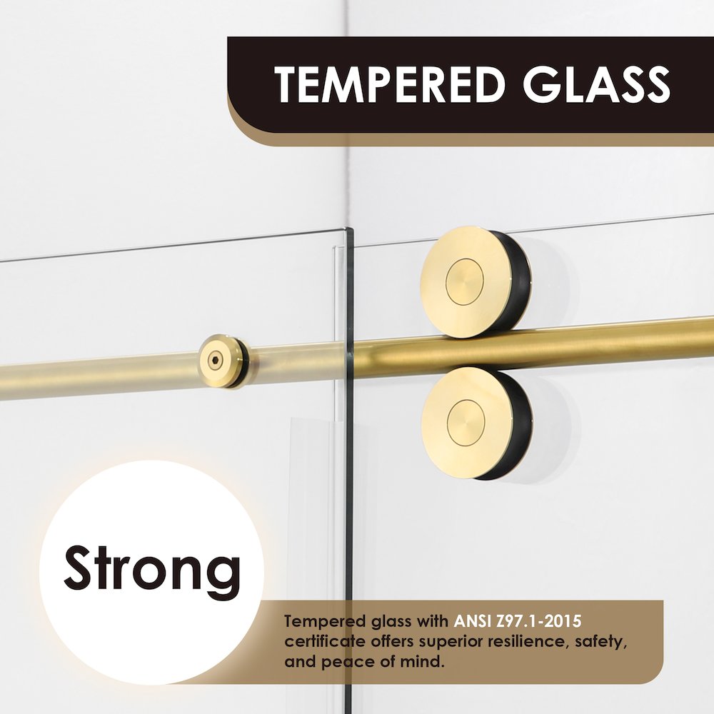 Single Sliding Frameless Shower Door in Brushed Gold with Clear Glass. Picture 10
