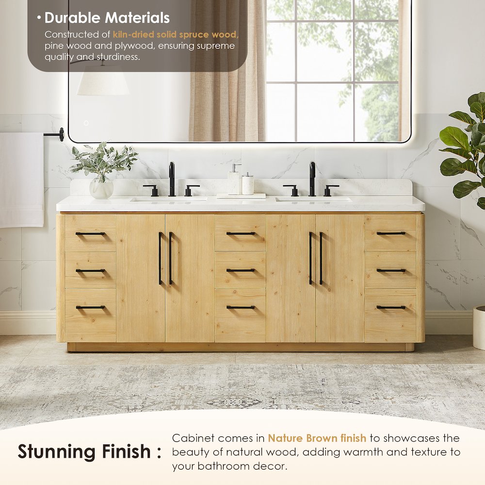 84" Double Bathroom Vanity in Nature Brown with Grain White. Picture 5