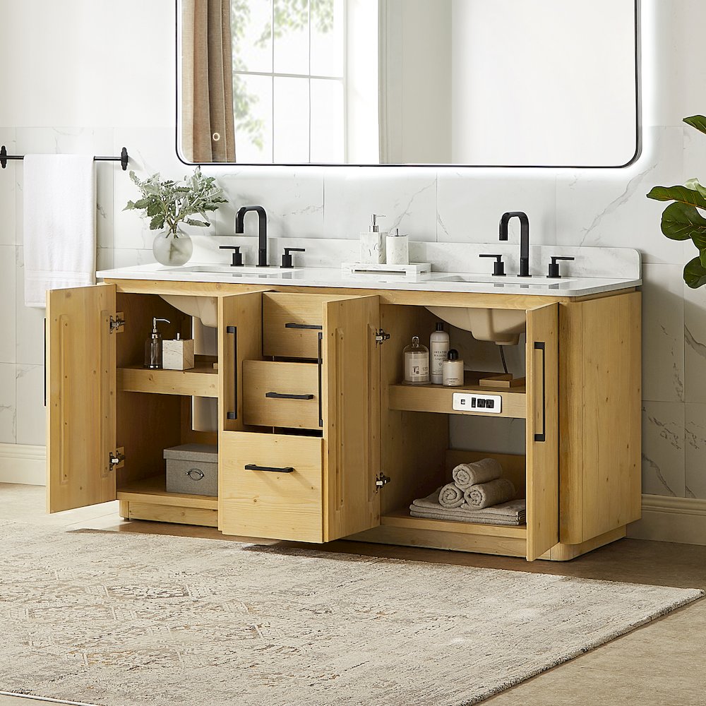 72" Double Bathroom Vanity in Nature Brown with Grain White. Picture 4