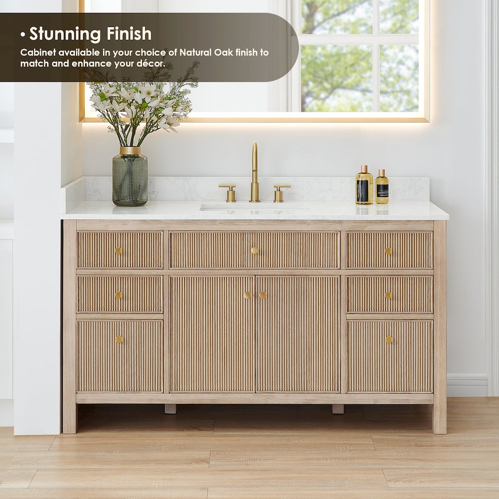 Single Bathroom Vanity in Nature Oak Grain White Engineered Stone Countertop. Picture 5