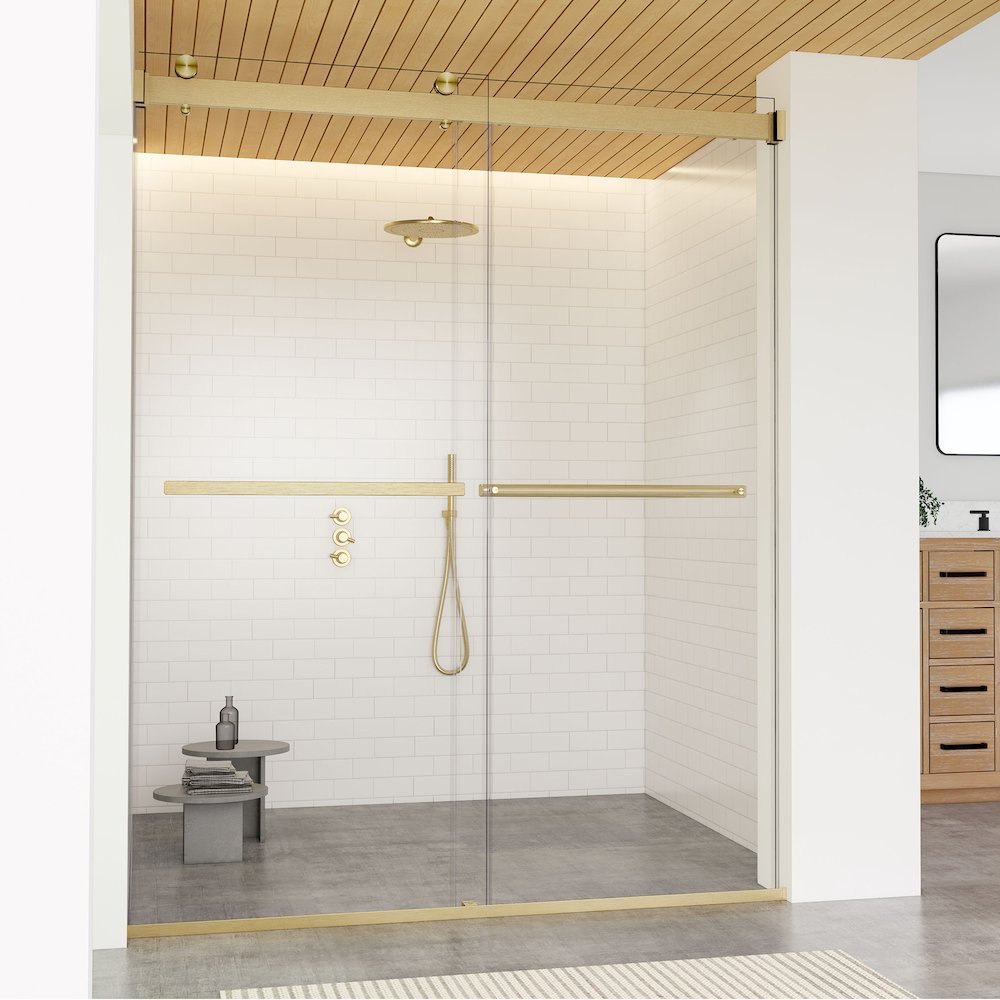 By Pass Frameless Shower Door in Brushed Gold with Clear Glass. Picture 4