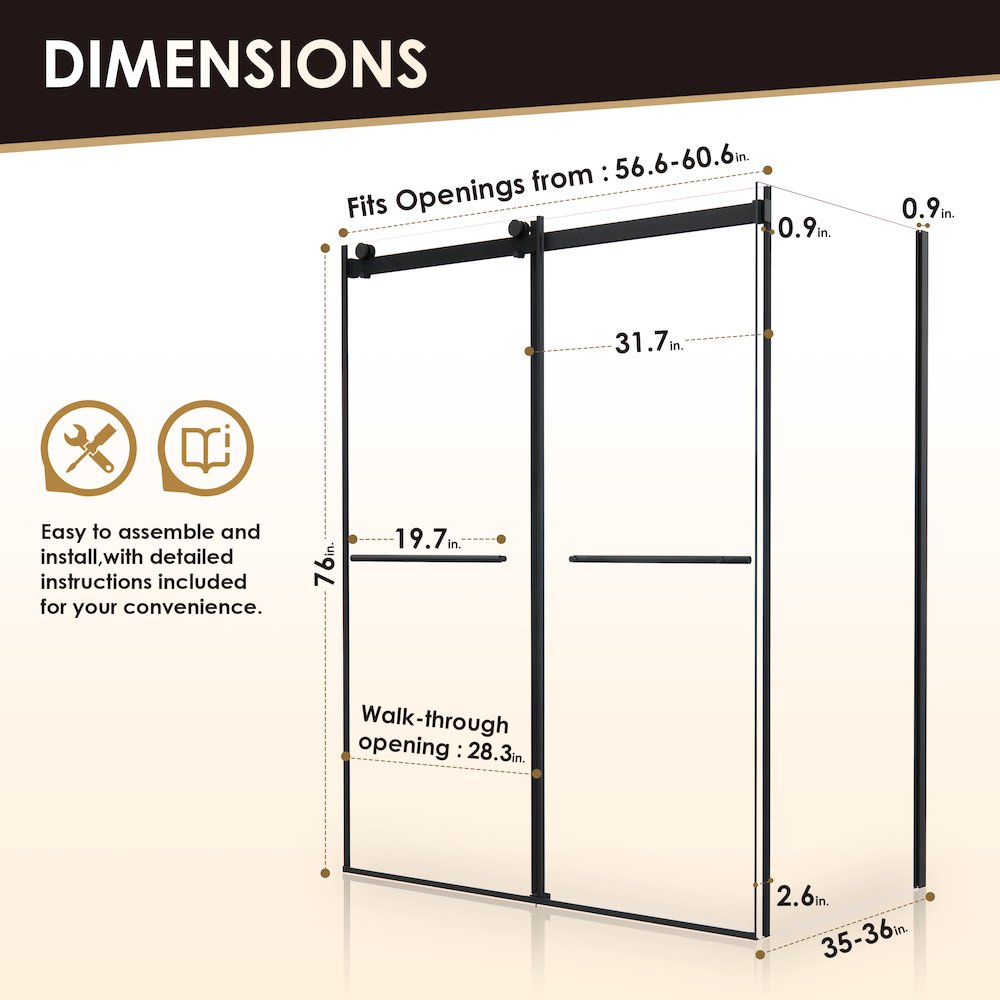 Frameless Exposed Roller Shower Enclosure in Matte Black with Clear Glass. Picture 14