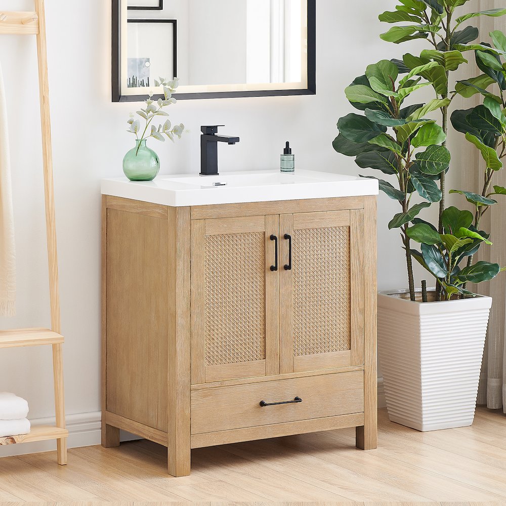 Single Bathroom Vanity in Light Brown White Artificial Drop-in Sink. Picture 3