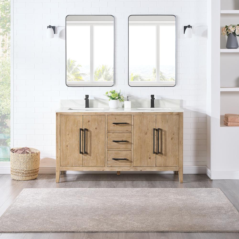 Double Bathroom Vanity in Weathered Fir with Stone Countertop with Mirror. Picture 2