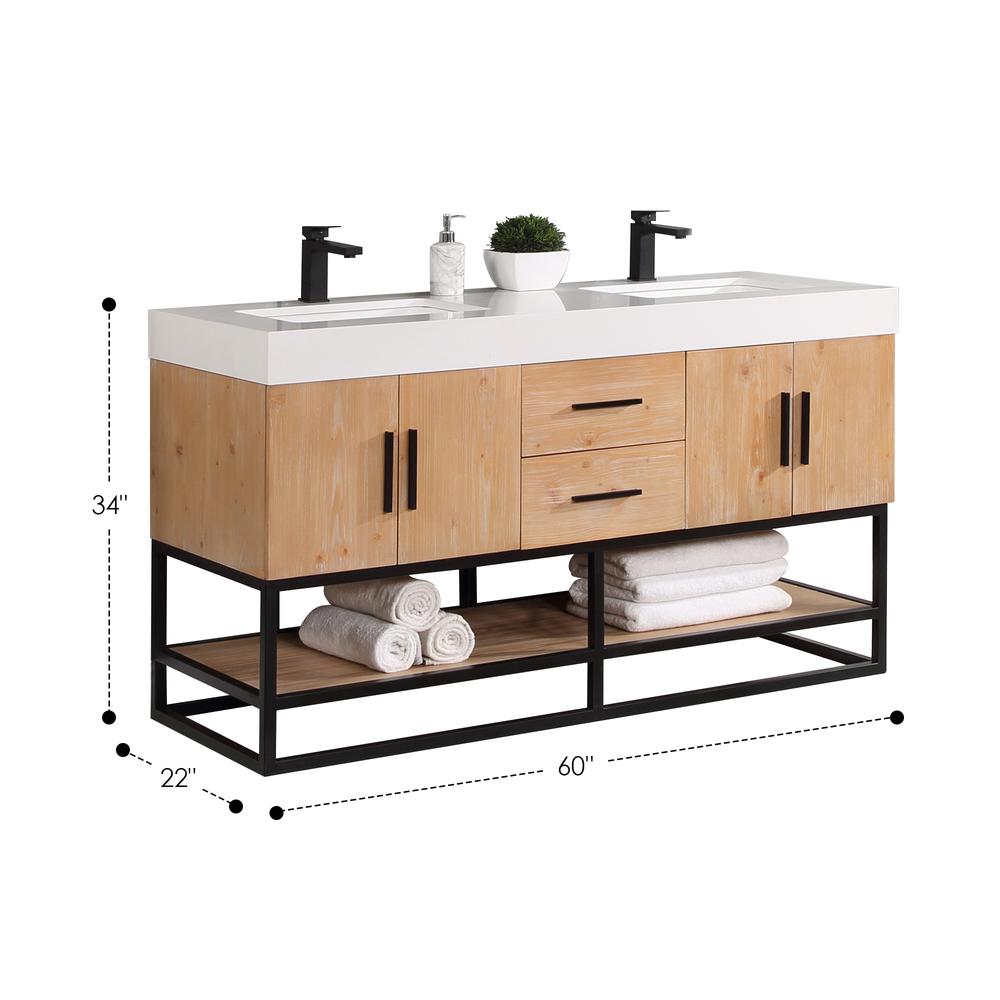 60" Double Bathroom Vanity in Light Brown awithout Mirror. Picture 3