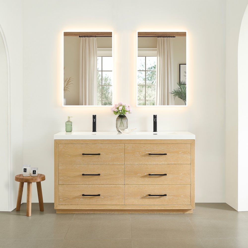 60" Double Bathroom Vanity in White Oak with White Artificial Drop-in Sink. Picture 2