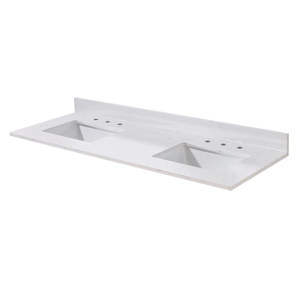 61. in Composite Stone Vanity Top in Aosta White with Double White Sink. Picture 2