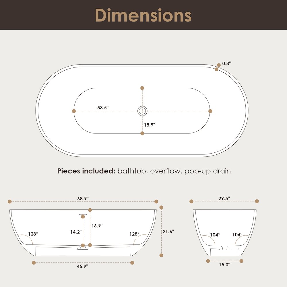 69" x 30" Solid Surface Soaking Bathtub and Integrated Overflow. Picture 23