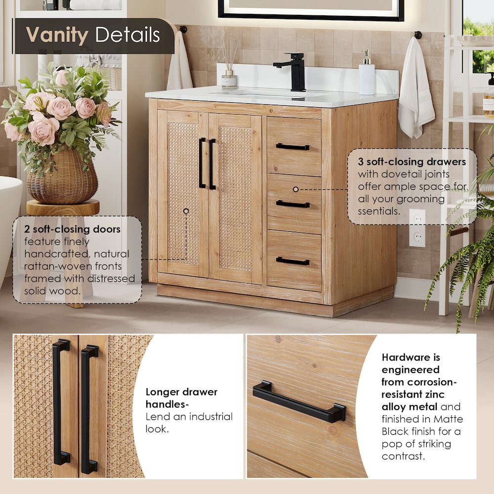 36" Single Bathroom Vanity with Calacatta White Quartz Countertop without Mirror. Picture 8