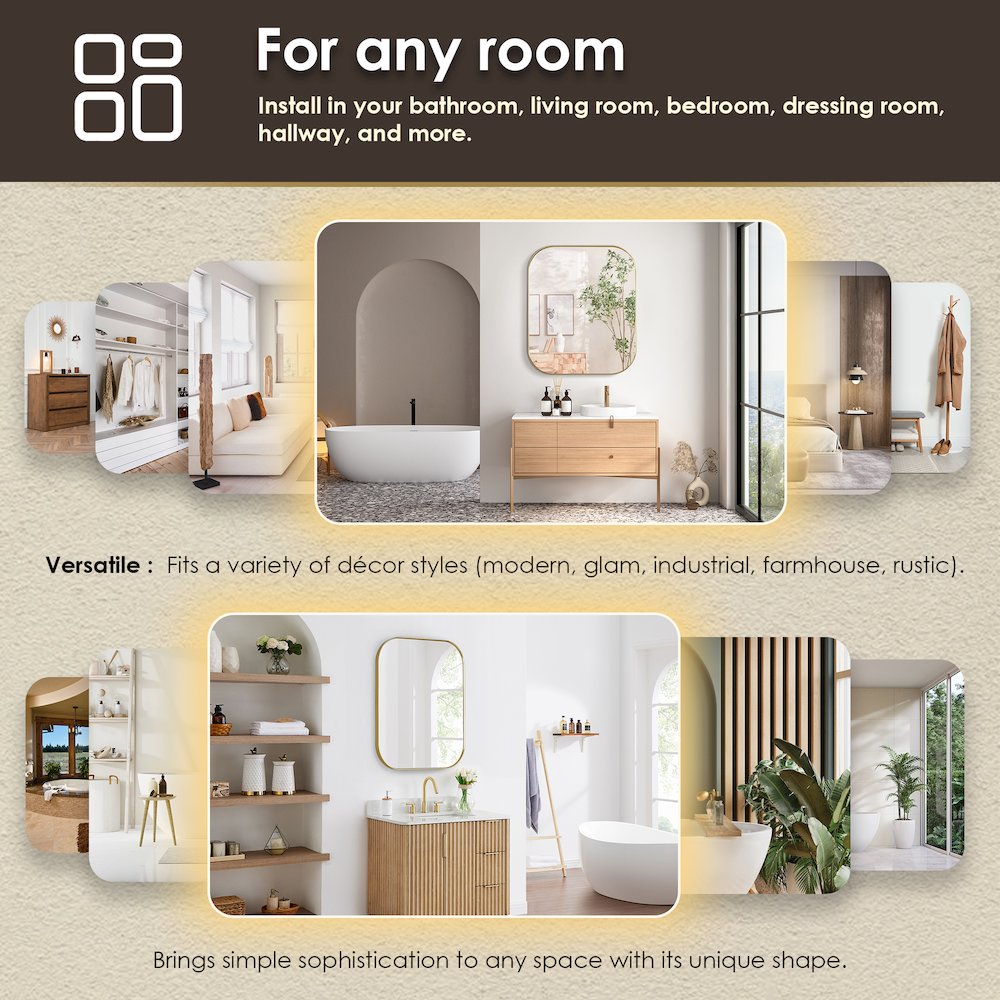 36x30" Rectangular Aluminum Framed in Brushed Gold Modern Bathroom Wall Mirror. Picture 14