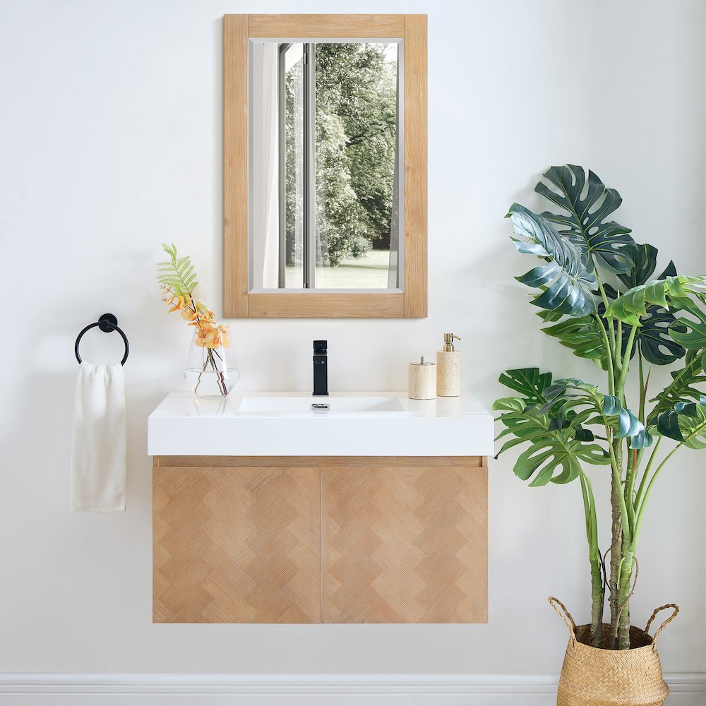 24" Rectangular Bathroom Wood Framed Wall Mirror in Light Brown. Picture 8