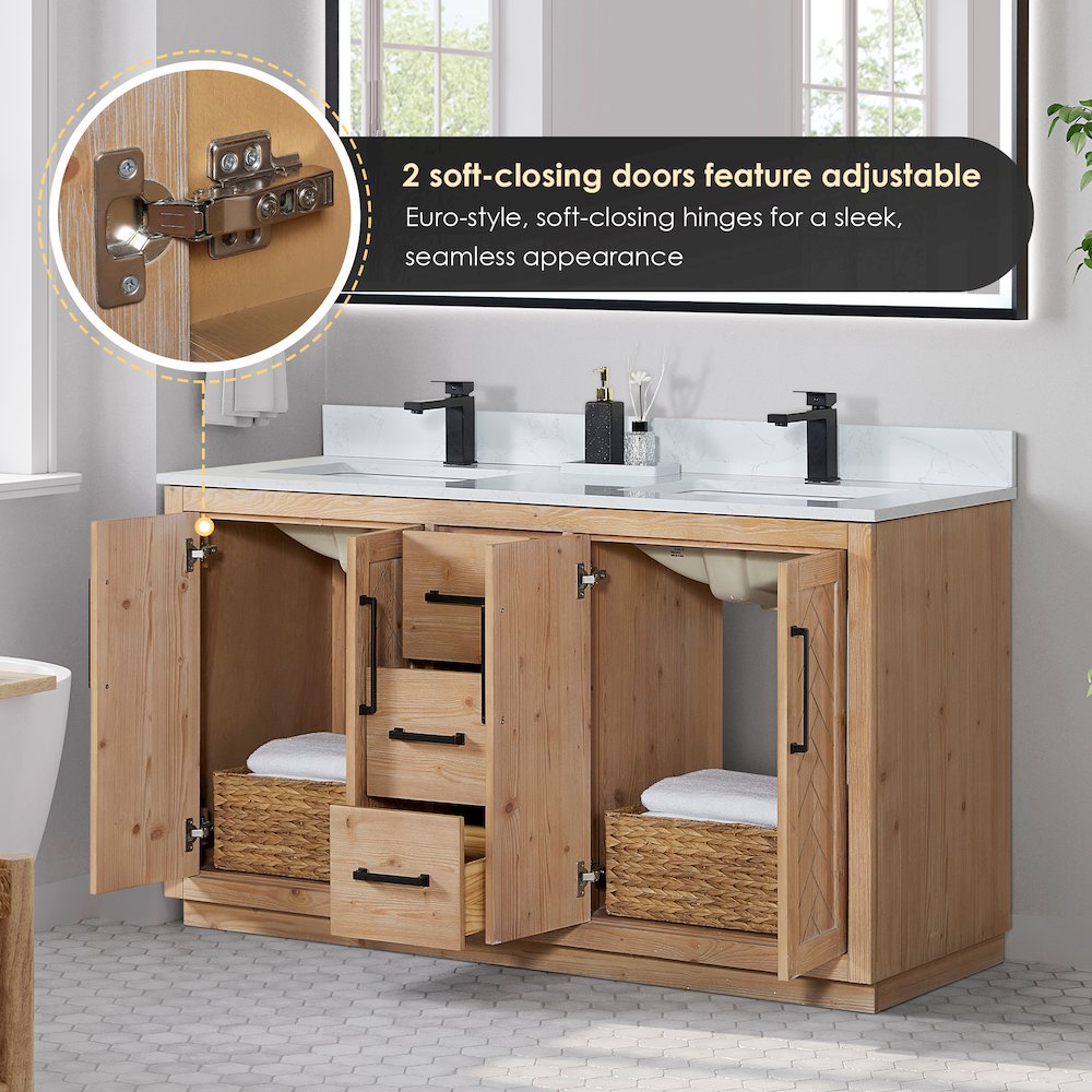 60" Double Bathroom Vanity with Grain White Countertop without Mirror. Picture 9