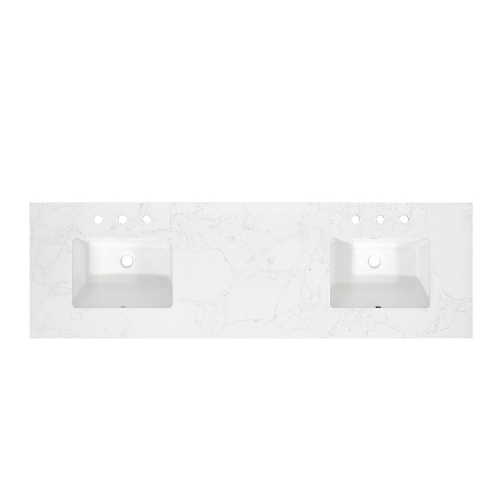 Ceres 73. in Engineered Stone Vanity Top in Grain White with Double White Sink. Picture 1