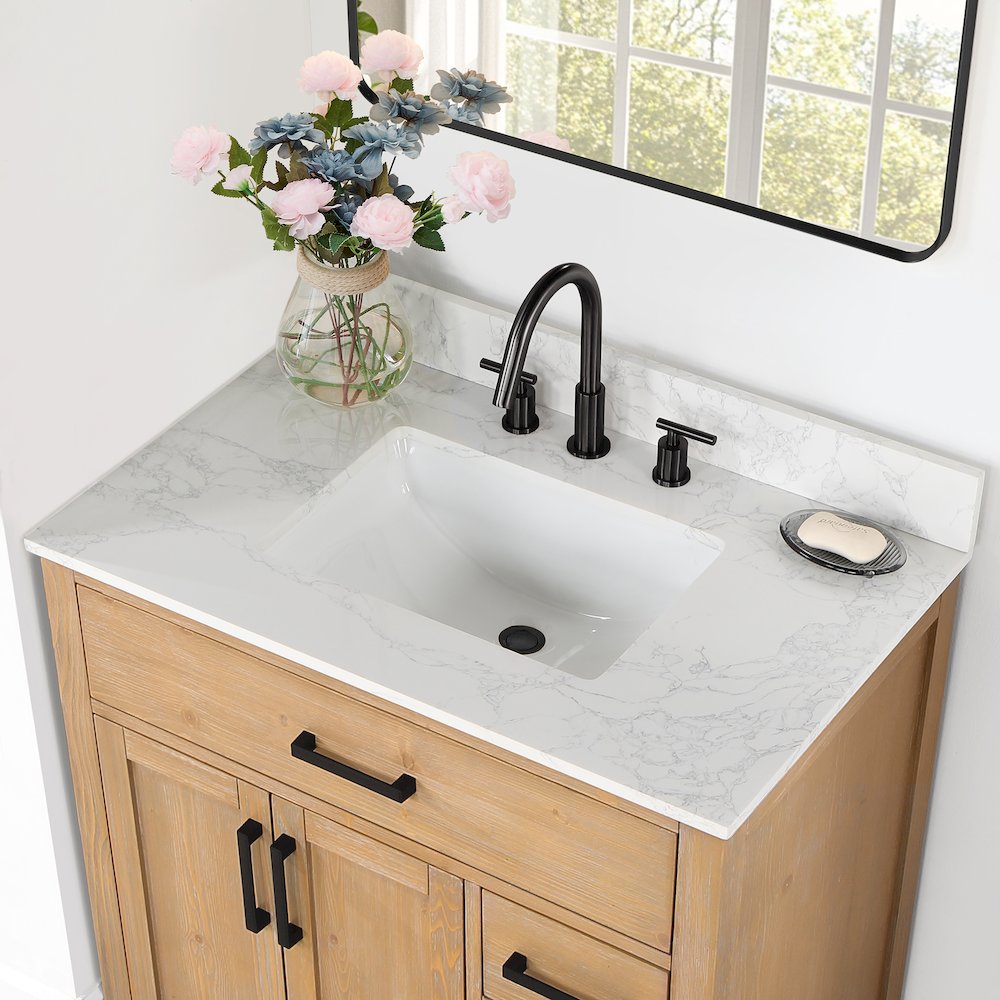 Ceres 37. in Engineered Stone Vanity Top in Grain White with Single White Sink. Picture 6