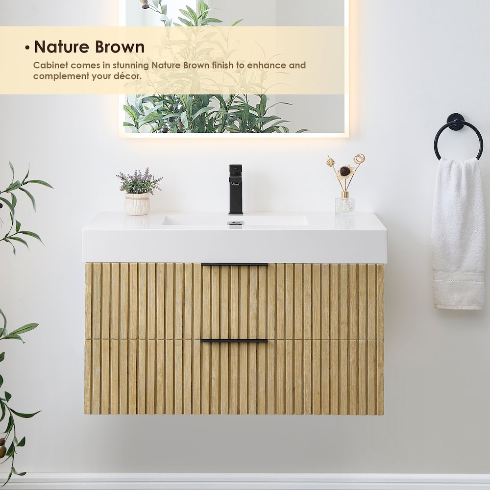Single Bathroom Vanity in Nature Brown White Artificial Drop-in Sink. Picture 4