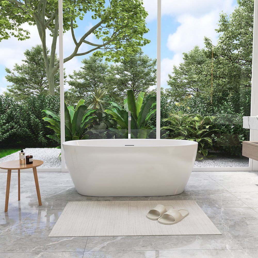 59" x 32" Flatbottom Freestanding Acrylic Soaking Bathtub in Glossy White. Picture 6