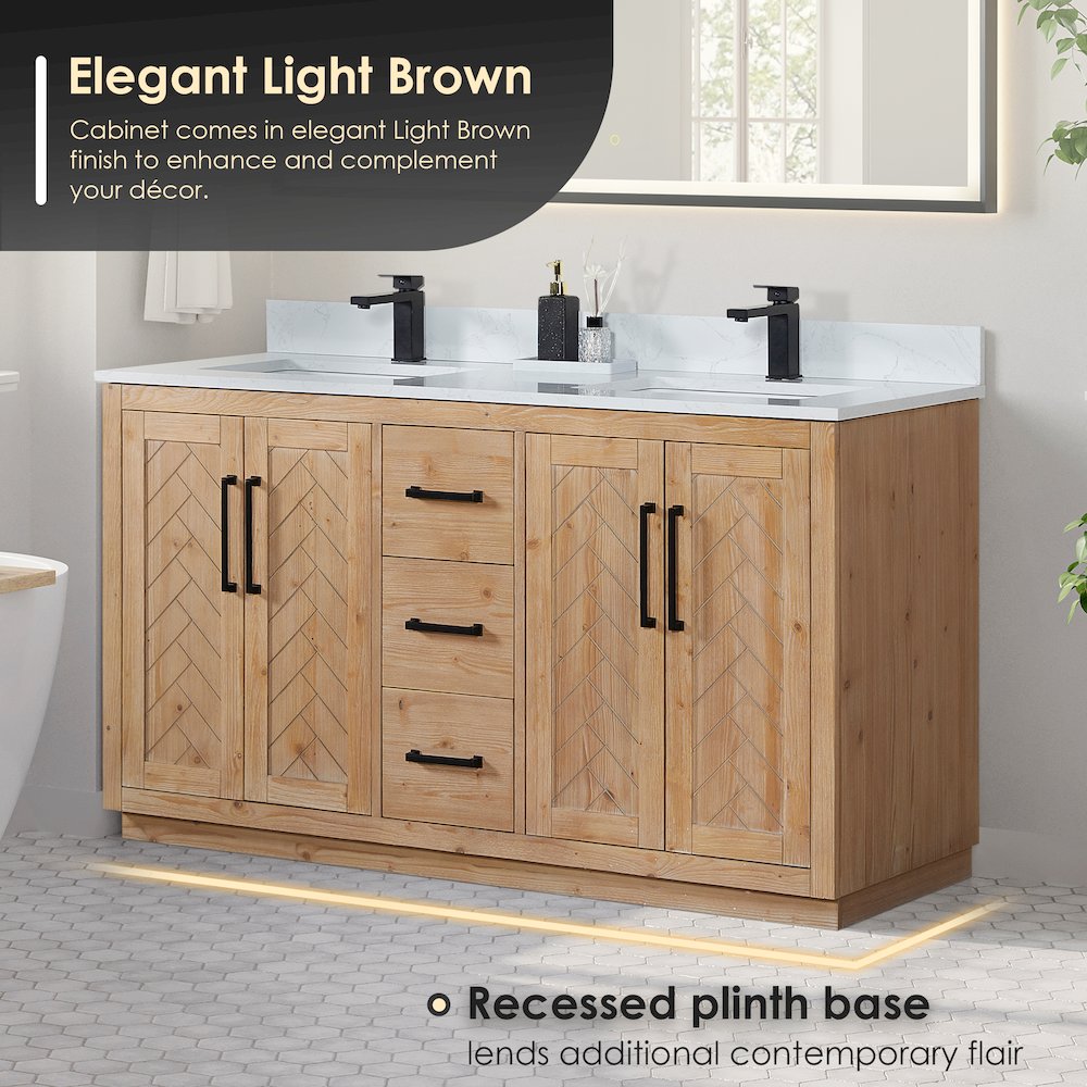 60" Double Bathroom Vanity with Grain White Countertop without Mirror. Picture 5
