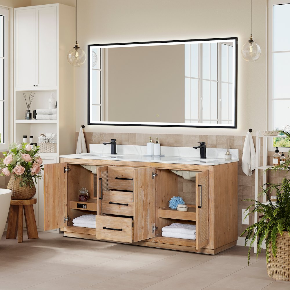 72" Double Bathroom Vanity with Calacatta White Quartz Countertop with Mirror. Picture 4