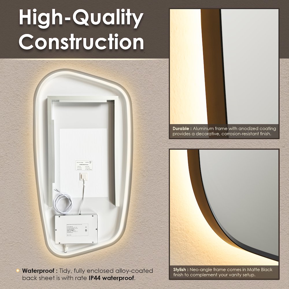 26"x48" Anti-Fog Wall Mirror in Matte Black Aluminum Framed. Picture 13