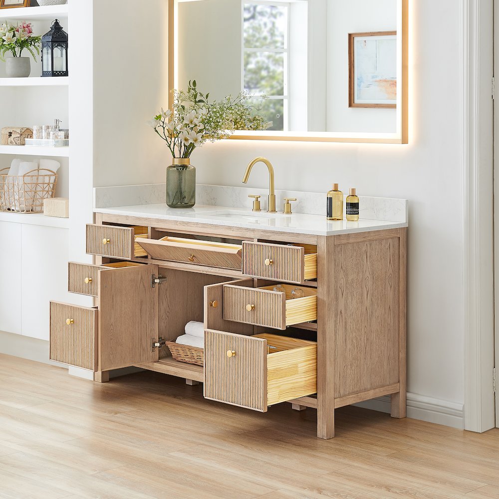 Single Bathroom Vanity in Nature Oak Grain White Engineered Stone Countertop. Picture 4