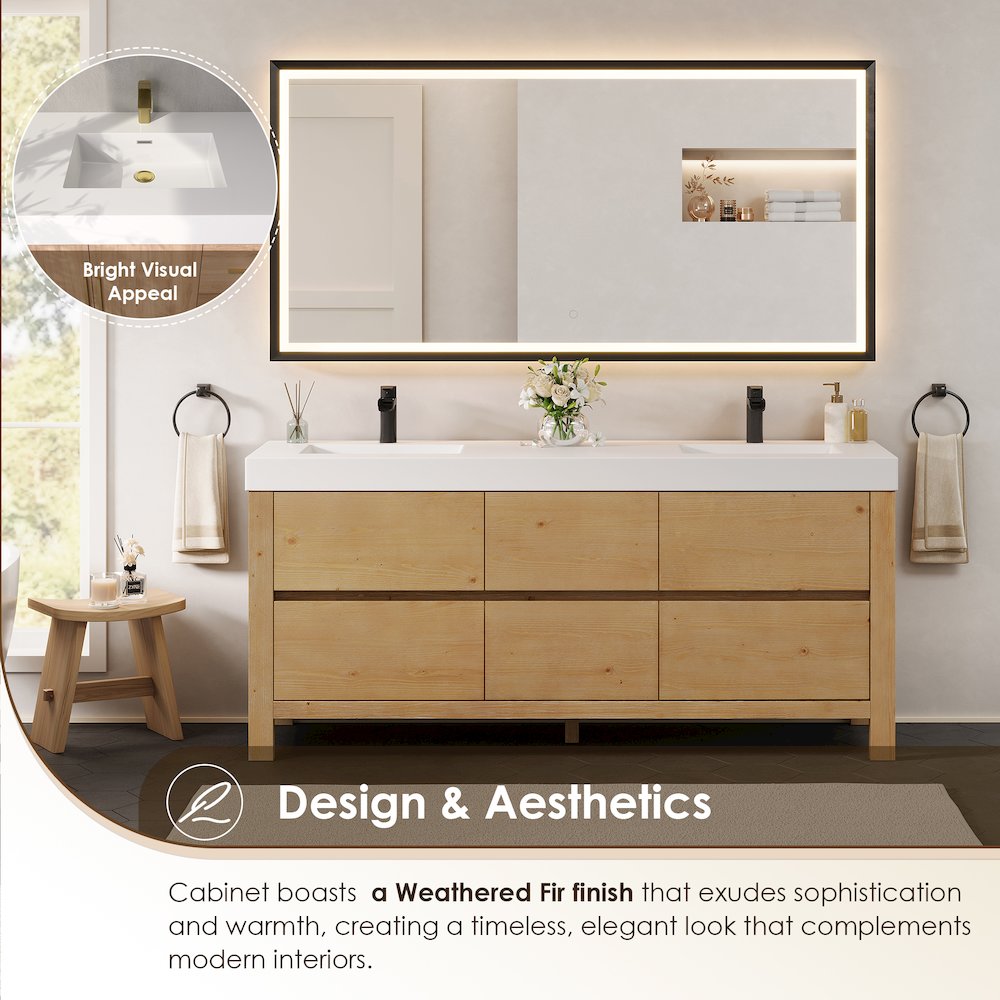 72" Double Bathroom Vanity in with White Artificial Stone Integrated Sink. Picture 6