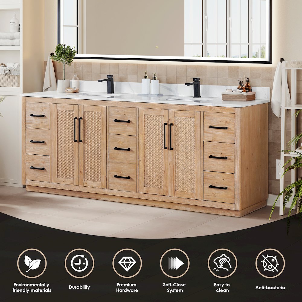 84" Double Bathroom Vanity with Calacatta White Quartz Countertop with Mirror. Picture 5
