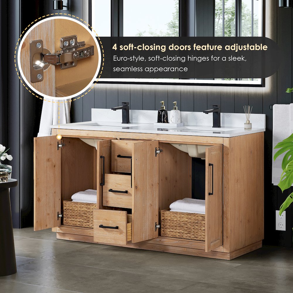 60" Double Bathroom Vanity with Grain White Countertop without Mirror. Picture 8