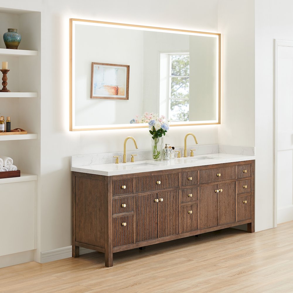 Double Bathroom Vanity in Brown Oak Grain White Engineered Stone Countertop. Picture 3