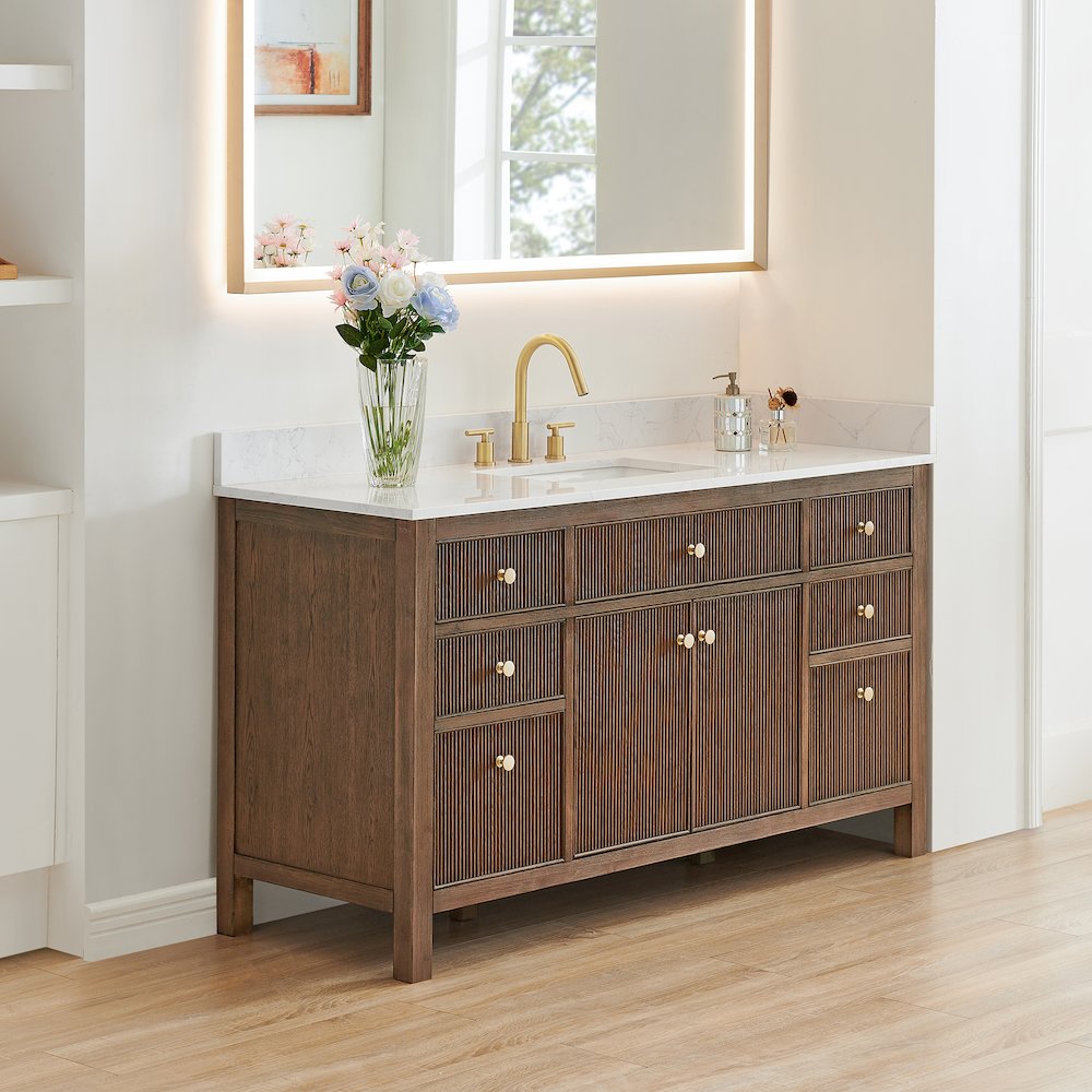 Single Bathroom Vanity in Brown Oak Grain White Engineered Stone Countertop. Picture 3