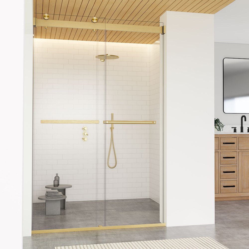 By Pass Frameless Shower Door in Brushed Gold with Clear Glass. Picture 5
