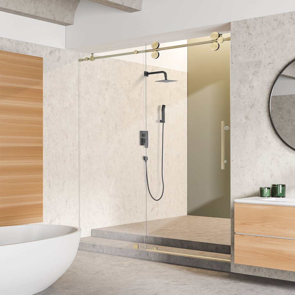 Single Sliding Frameless Shower Door in Brushed Gold with Clear Glass. Picture 4