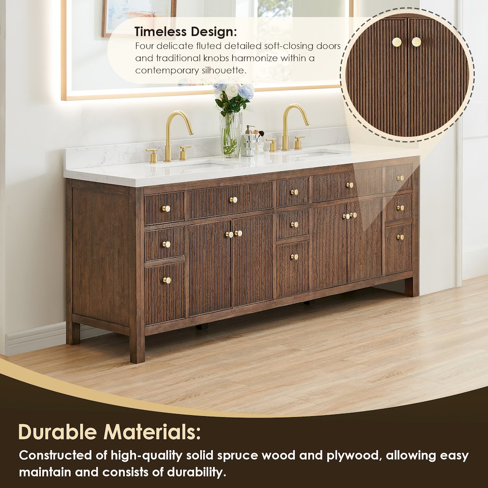 Double Bathroom Vanity in Brown Oak Grain White Engineered Stone Countertop. Picture 5