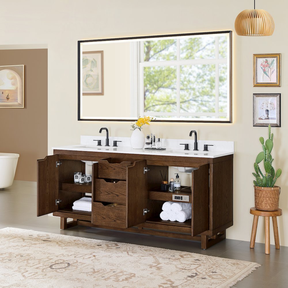 72" Double Bathroom Vanity in Brown Brushed Oak with Grain White. Picture 4
