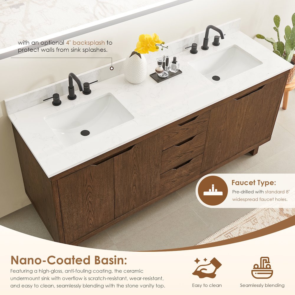72" Double Bathroom Vanity in Brown Brushed Oak with Grain White. Picture 6