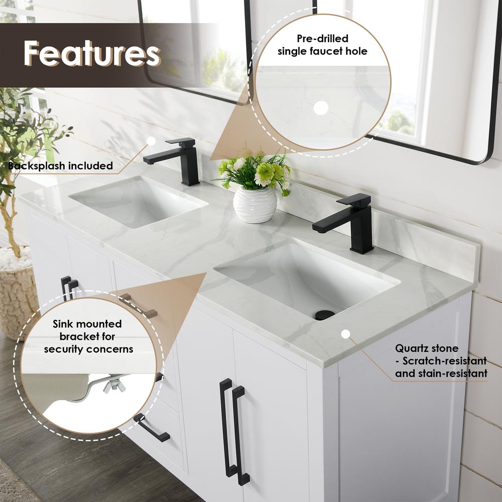 Double Bathroom Vanity in White with Stone Countertop without Mirror. Picture 5