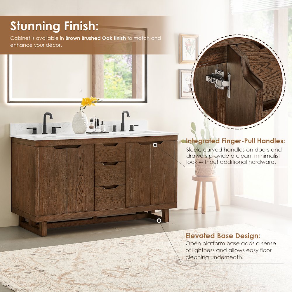 60" Double Bathroom Vanity in Brown Brushed Oak with Grain White. Picture 5