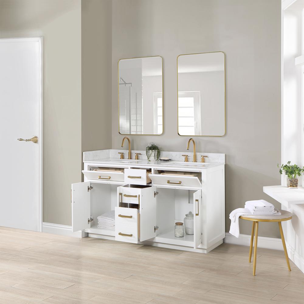 60" Double Bathroom Vanity in White with Mirror. Picture 7