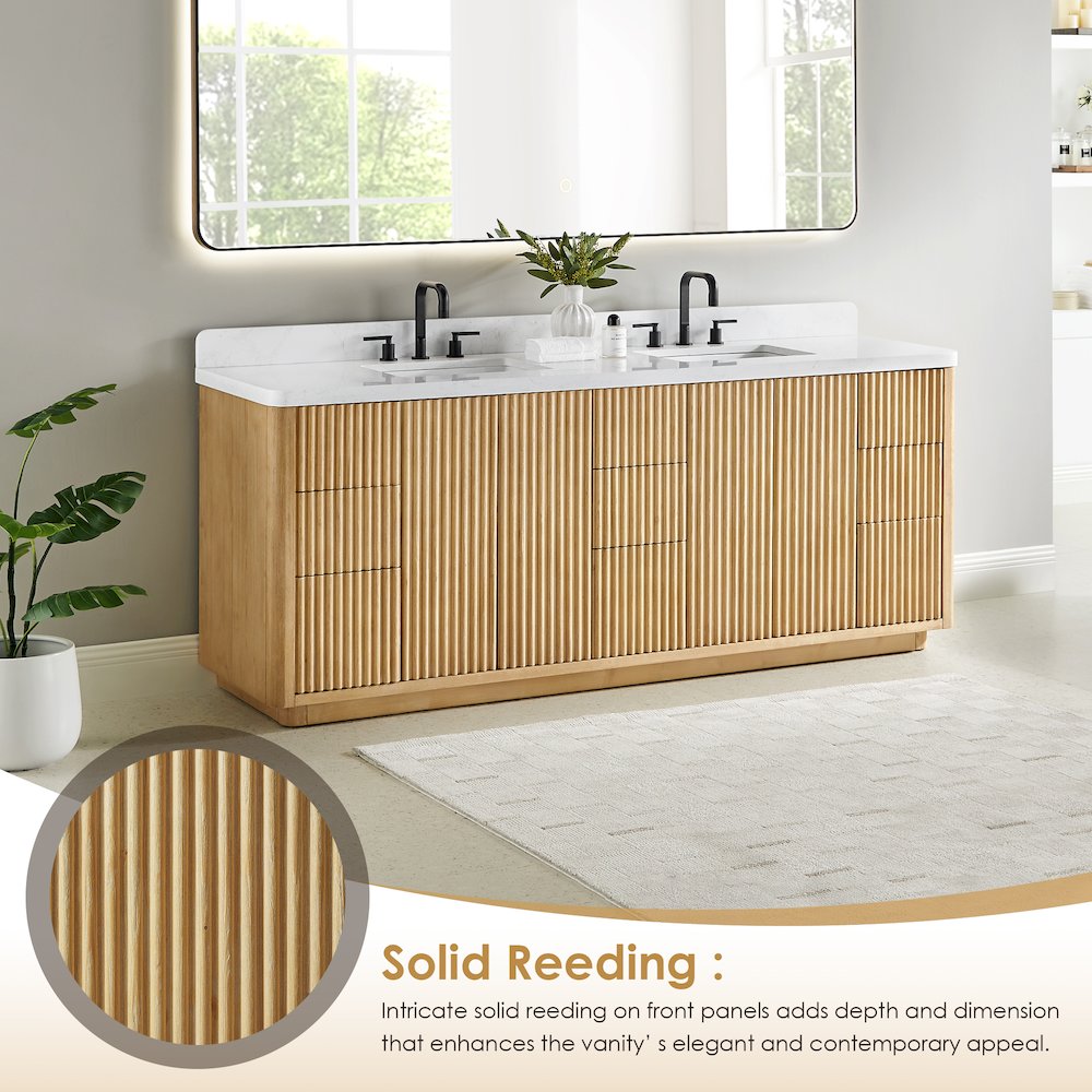 84" Double Bathroom Vanity in Washed Light Brown with Grain White. Picture 7