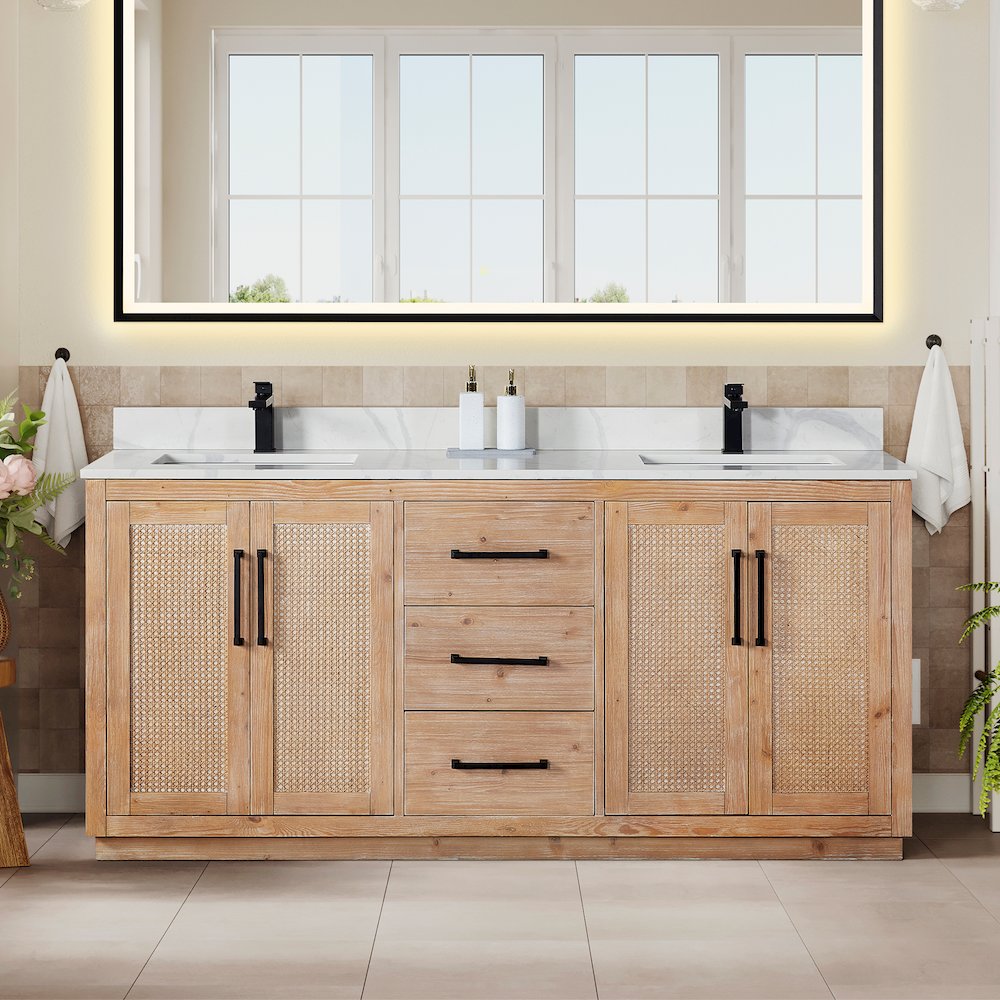 72" Double Bathroom Vanity with Calacatta White Quartz Countertop without Mirror. Picture 2