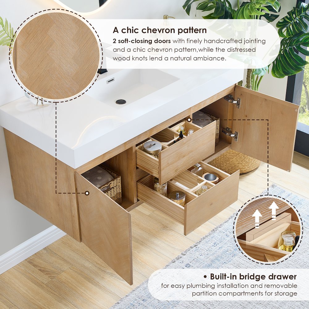 Single Bathroom Vanity in Light Brown White Artificial Drop-in Sink. Picture 8