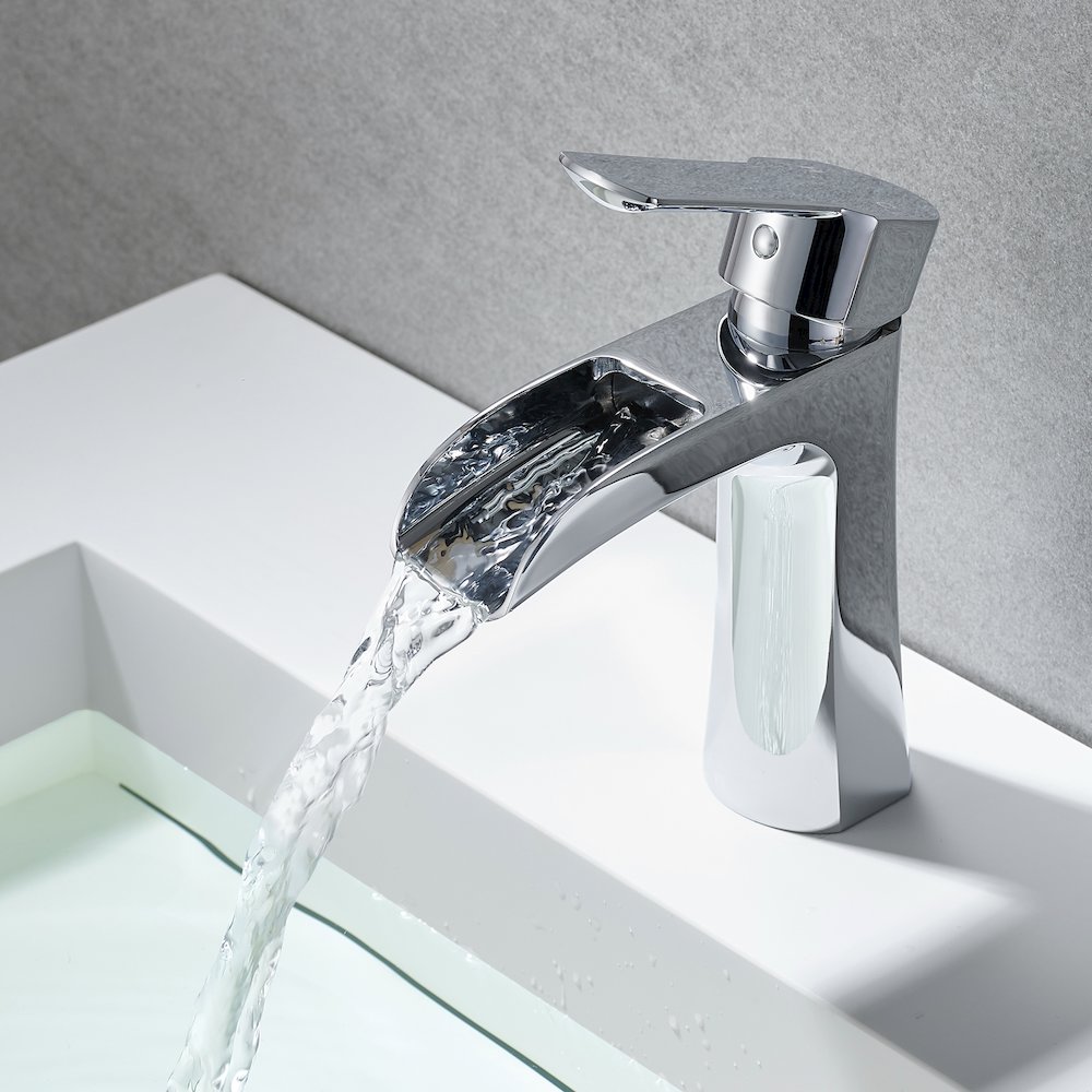 Single Hole Single-Handle Waterfall Bathroom Faucet in Polished Chrome. Picture 4