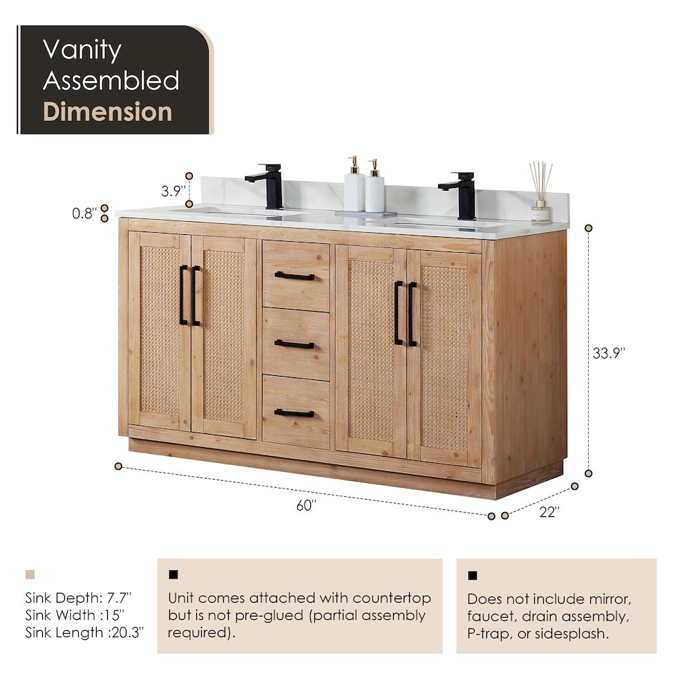 60" Double Bathroom Vanity with Calacatta White Quartz Countertop without Mirror. Picture 11