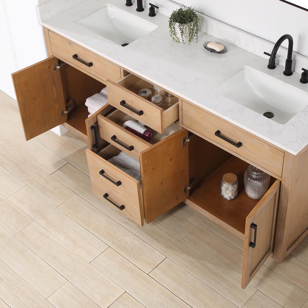 72" Double Bathroom Vanity in Light Brown with Mirror. Picture 10