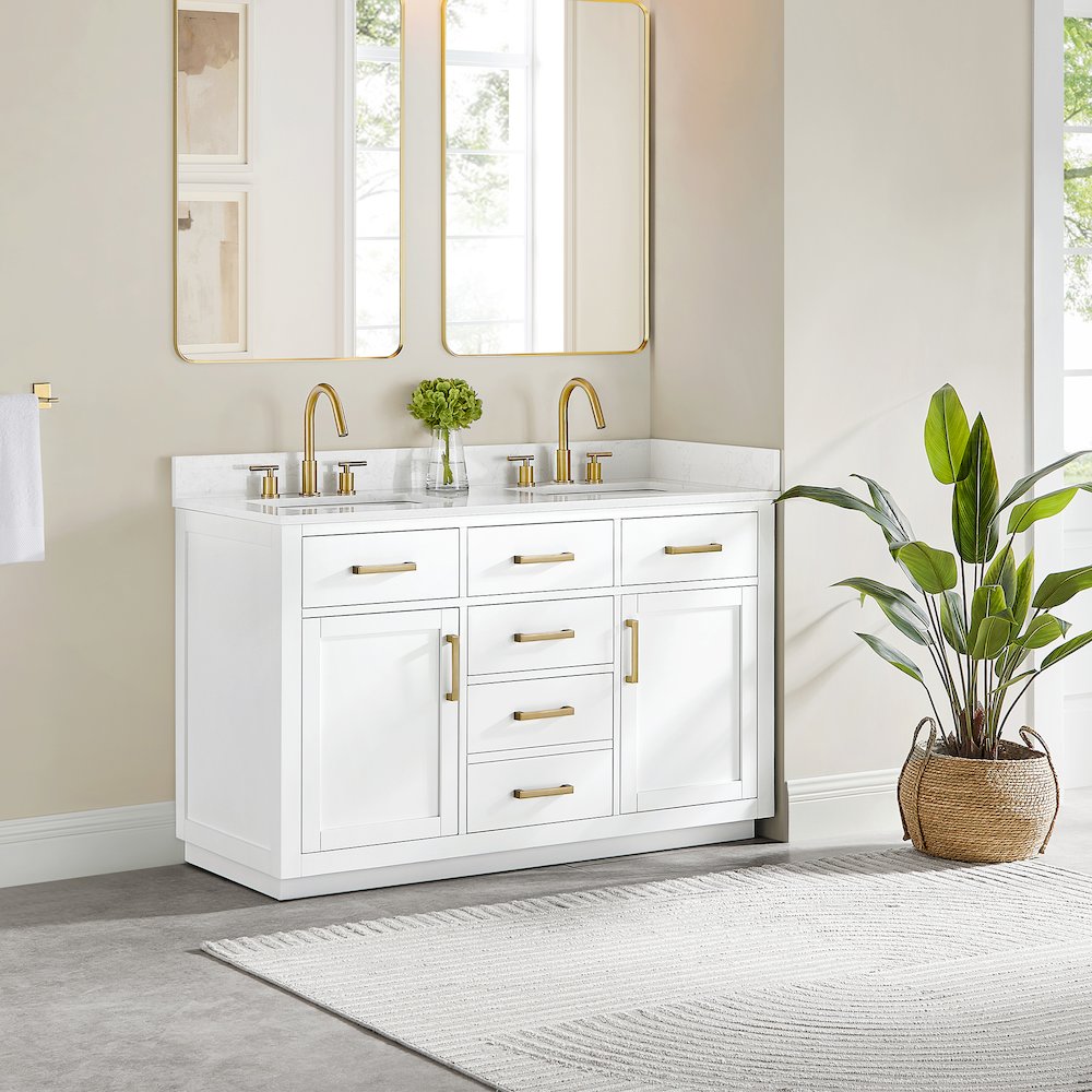 54" Double Bathroom Vanity in White with Grain White. Picture 3