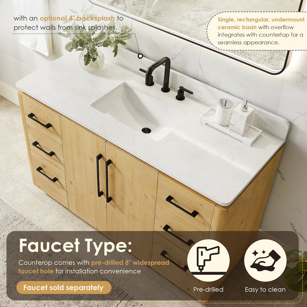54" Single Bathroom Vanity in Nature Brown with Grain White. Picture 7