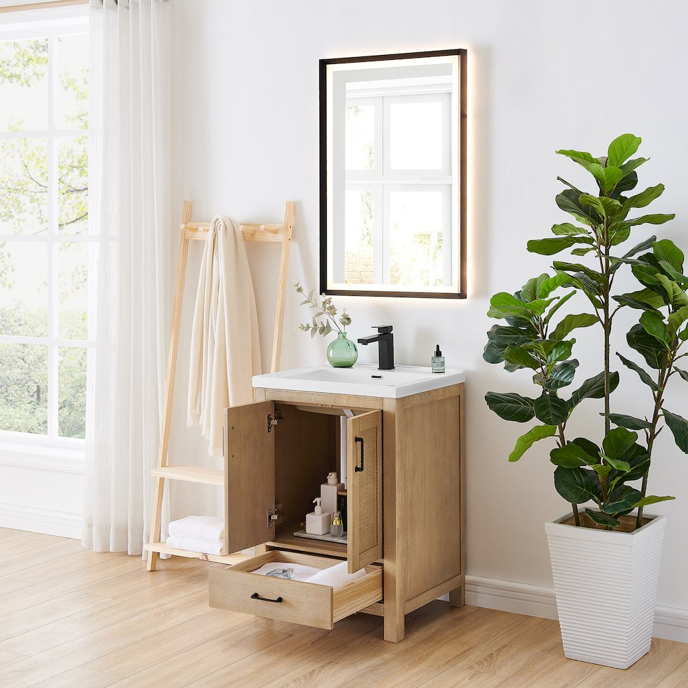 Single Bathroom Vanity in Light Brown White Ceramic Drop-in Sink. Picture 4