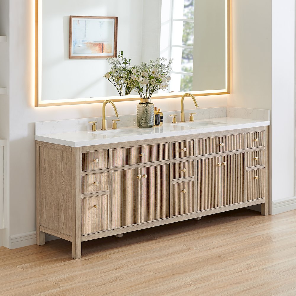 Double Bathroom Vanity in Nature Oak Grain White Engineered Stone Countertop. Picture 3