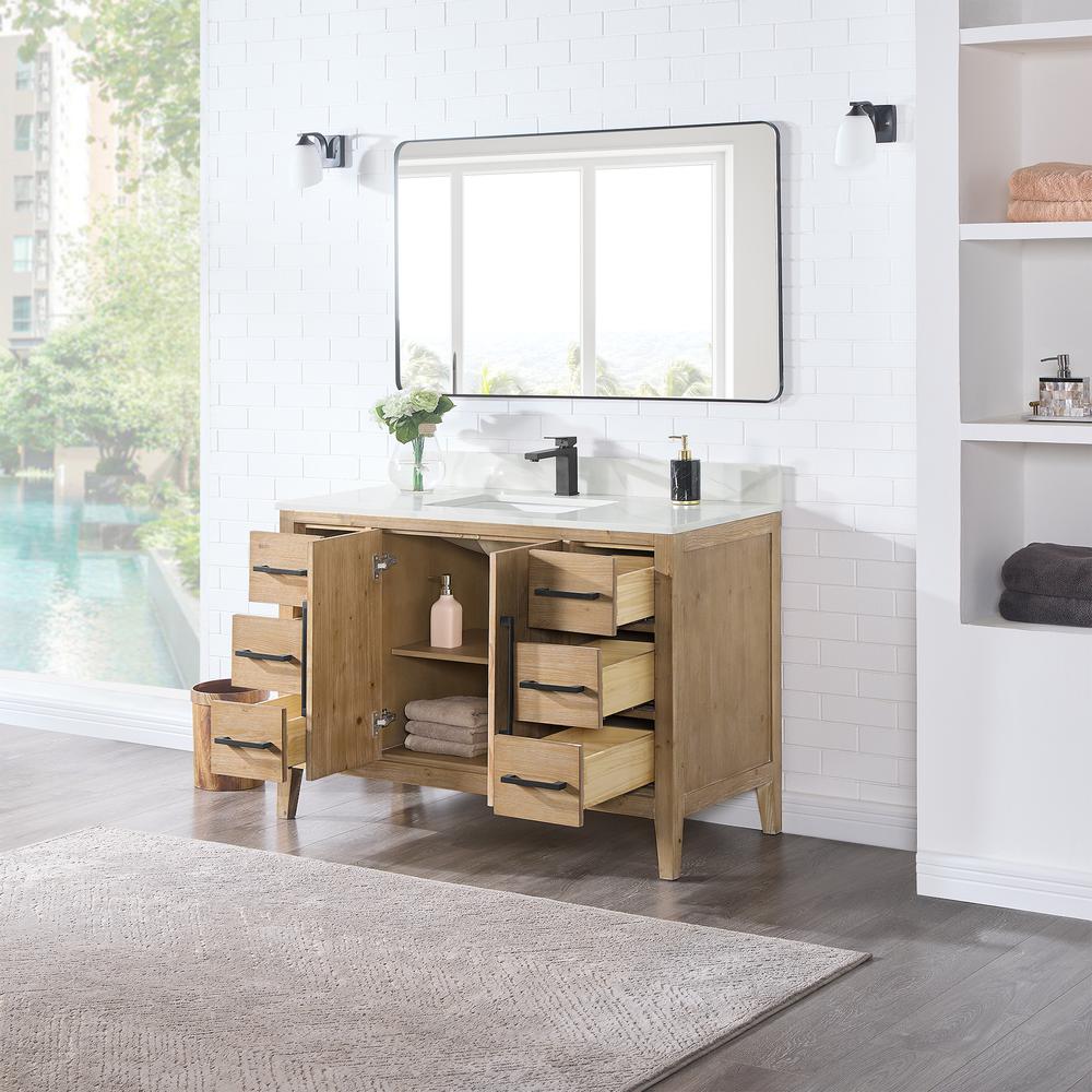 Single Bathroom Vanity in Weathered Fir with Stone Countertop with Mirror. Picture 4