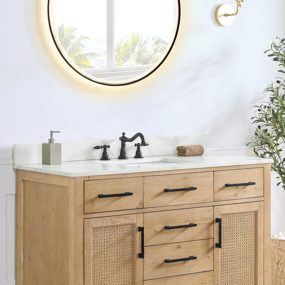Arbios 48. in Quartz Stone Vanity Top in Calacatta White with White Sink. Picture 5