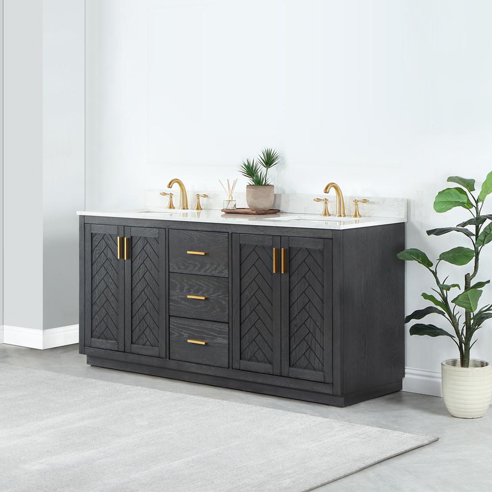 72" Double Bathroom Vanity Set in Brown Oak without Mirror. Picture 4